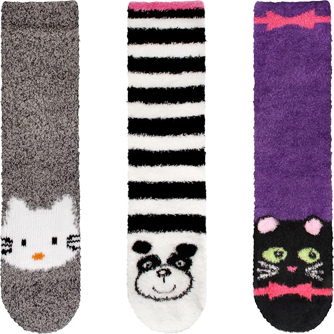 BambooMN Super Soft Warm Cute Animal Face Non-Slip Fuzzy Crew Winter Home Socks, Value Pack