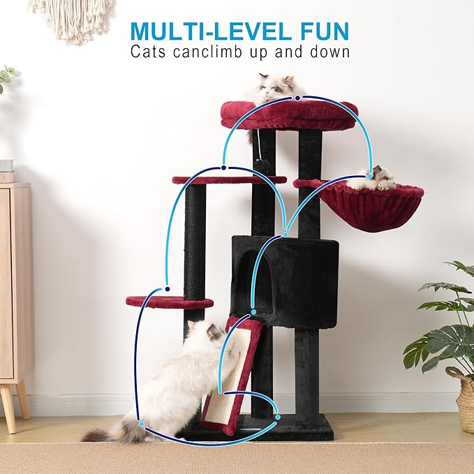 Hey-brother Gothic Cat Tree with Scratching Board, Cat Tower with Padded Plush Perch and Cozy Basket, Multi-Platform for Jump, Black and Red MPJ005BR