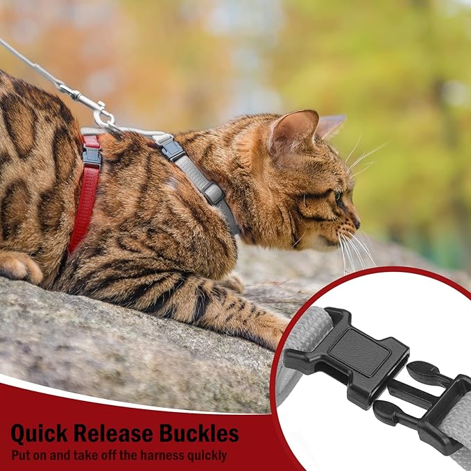 PUPTECK Adjustable Cat Harness and Leash Set Escape Proof Kitten Strap Collar for Walking Travel, Grey/Red Mixed