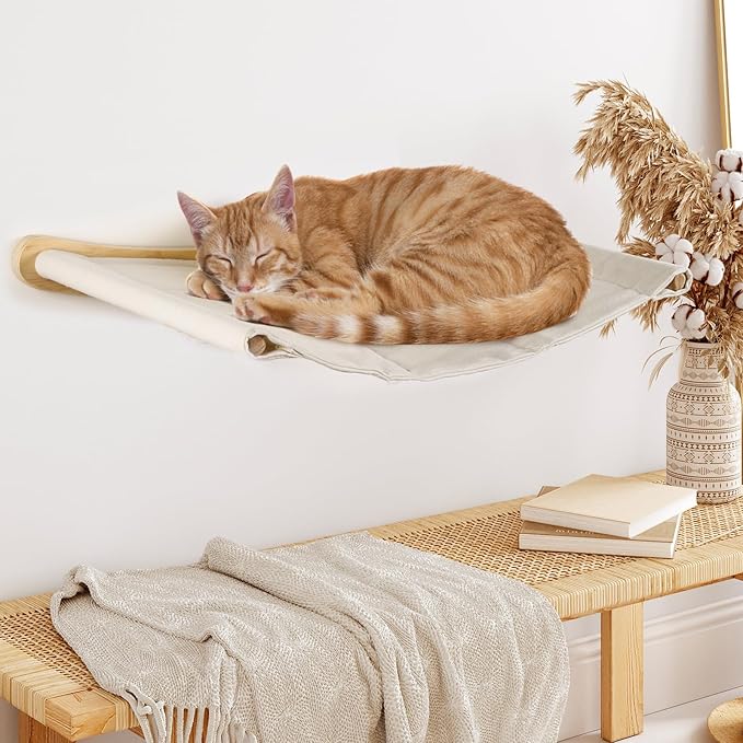 Cat Wall Shelves & Hammock Premium Durable Wood Construction Comfy Cat Beds for Large Cats & Kittens Ideal Indoor Cat Furniture for Climbing, Sleeping & Play (21 * 18.5 Inch Cotton Canvas)