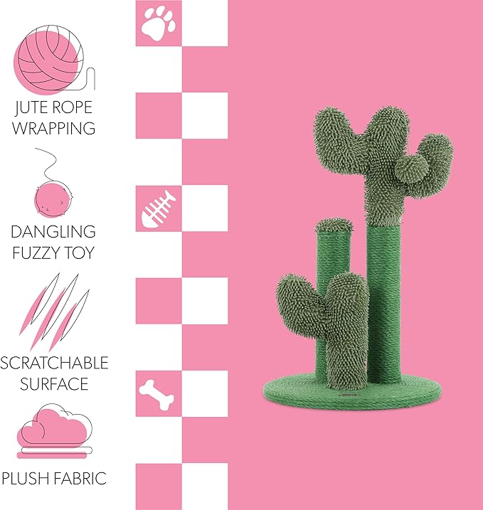 CTR1008A Marfa 21.5" Modern Jute Triple-Cactus Cat Scratching Post with Fuzzy Toy, Green