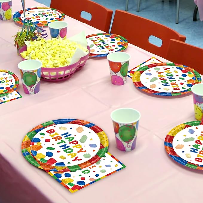 96 Pcs Building Block Party Plates Napkins Forks Supplies Favors Tableware Set Disposable Paper Birthday Decorations for Boys, Serves 24 Guests