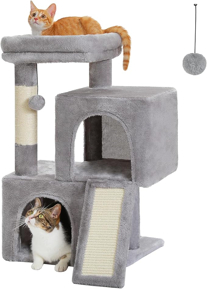 PAWZ Road Cat Tree, 30 Inches Cat Tower with Dual Condos for Indoor Cats, Plush Cat House with Padded Perch, Scratching Ramp and Posts and Replaceable Balls-Gray