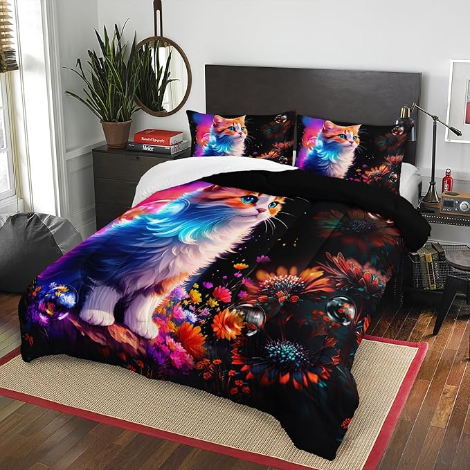AILONEN Girls Cat Comforter Set Full Size, Cute Orange Cat Kawaii Bedding Set for Kids Boys,Botanical Floral Daisy Duvet Set 3 Pieces, 1 Quilt and 2 Pillowcases