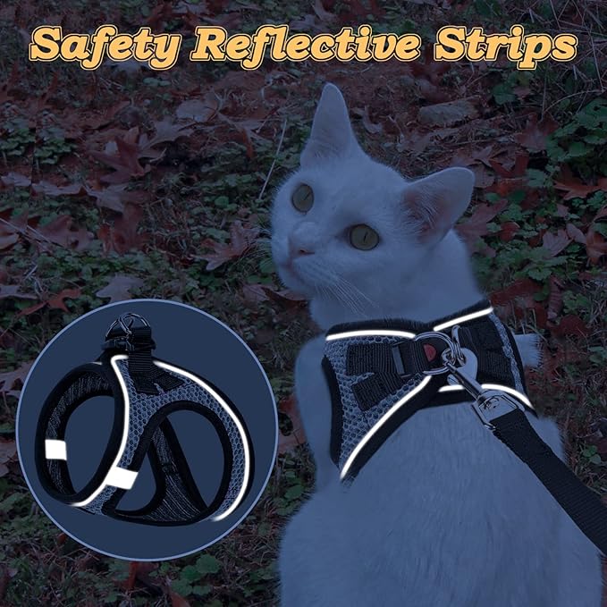 Cat Harness and Leash for Walking Escape Proof, Adjustable Kitten Vest Harness Reflective Soft Mesh Puppy Harness for Outdoor, Comfort Fit, Easy to Control (Grey, L)
