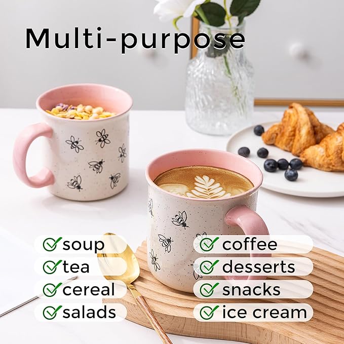 AmorArc 22 OZ Large Ceramic Coffee Mugs, Oversized Soup Cups With Big Handle for Men Women Dad Mom, Big Mug With Textured Bees Patterns for Office & Home -Microwave Safe, 2 Pcs
