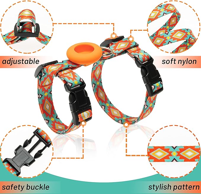 Cat Harness and Leash Escape Proof for Walking Travel Outdoor - Soft Nylon Adjustable Cute Cat Harness Leash Set with Airtag Holder for Small Large Cats
