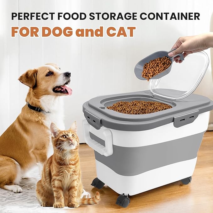 15-23 Lbs Airtight Dog Food Storage Container,Collapsible Dog Food Container with Lid,Wheels,Handle,Large Cat food storage Container with Scoop,Small Food Container for Dog Cat