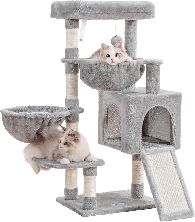 Hey-brother Cat Tree, Cat Tower for Indoor Cats, Cat House with Large Padded Bed, Cozy Condo, Hammocks, Sisal Scratching Posts, Big Scratcher, Light Gray MPJ006SW