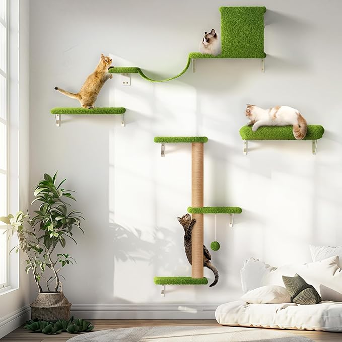 FUKUMARU Cat Wall Shelves, Stable & Safe 4 in 1 Large Cat Wall Furniture Set, Wooden Cat Climbing Wall with Scratching Post, Cat Bridge and Cat Bed, Stylish Cat Jungle Gym for 16 Inch Drywall - Green