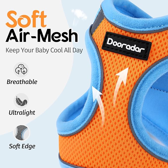 Dooradar Cat Harness and Leash Set, Escape Proof Lightweight Kitten Harness, Soft Breathable Reflective Vest for Outdoor Walking Traveling, Adjustable for Large Cats, Orange & Blue, L