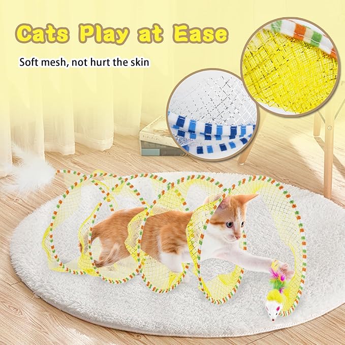 2 Pcs Cat Tunnels for Indoor Cats - S Type Foldable Cat Spiral Tunnel Toy, Decompression Interactive Self-Play Cat Hunting Spiral Tunnel Toy with Ribbon Bell Feather Balls Blue, Blue+Yellow
