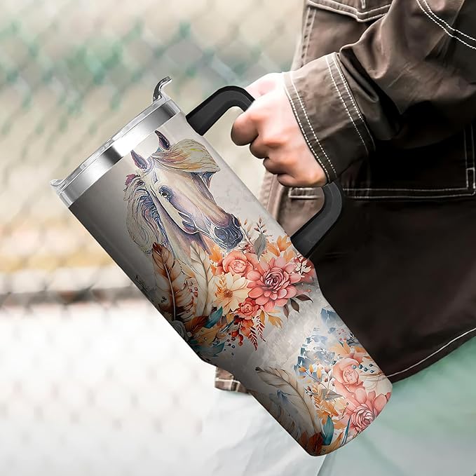 40 Oz Horse Tumbler with Straw and Handle, Double Wall Stainless Steel Horse Mugs for Horse Lovers, Horse Gifts for Women Insulated Horse Cups, 40 Oz Horse Coffee Cup Gifts for Horse Lovers Women