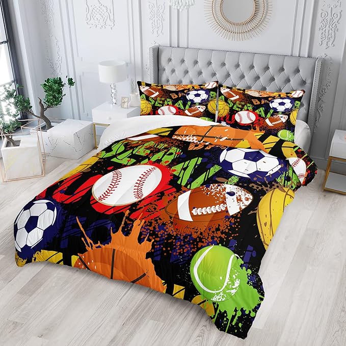 AILONEN Football Comforter Set for Teen Boys, Sport Bed in a Bag Bedding Sets,Basketball Theme Quilted Duvet Full Size for Boys,1 Comforter 2 Pillowcases 3 Piece