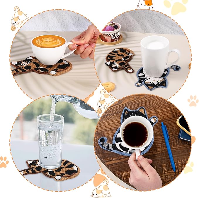 2pcs Cat Coasters for Drinks, Cat Gifts for Cat Lovers Fun Woven Creative Drink Coaster Cute Coffee Coasters for Home Decor Tabletop Protection Suitable for Kinds Cups