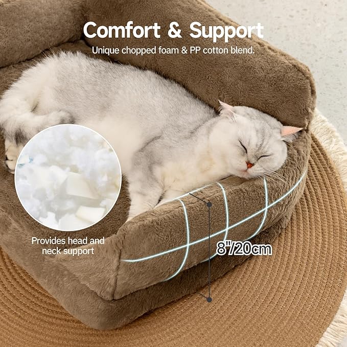MEWOOFUN Cute Cat Couch Bed, Washable Cat Sofa Beds for Indoor Cats, Supportive Dog Couch Bed for Small Dogs with Non-Slip Bottom, Fluffy Cat Chair for Cats and Small Pets (Brown, M)