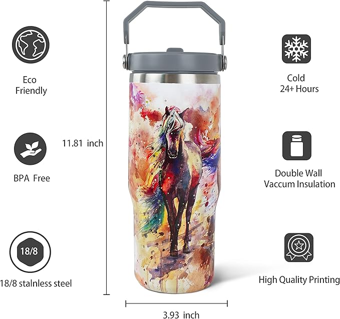 30oz Horse Tumbler with Handle and Straw, Stainless Steel Vacuum Insulated Coffee Tumbler, Travel Mug Water Bottle, Horse Stuff Accessories Decor, Horse Gifts for Women & Girls