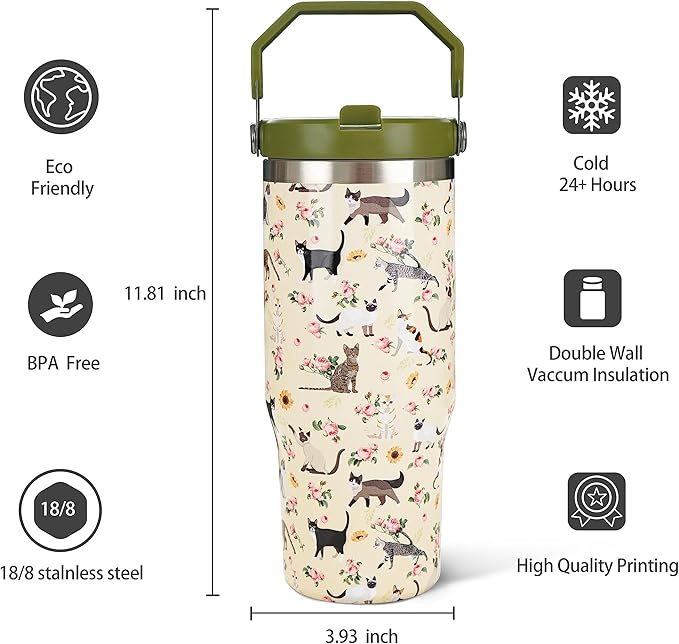 30oz Floral Cat Tumbler with Handle and Straw, Stainless Steel Vacuum Insulated Coffee Tumbler, Travel Mug Water Bottle, Cute Cat Stuff Gifts for Women