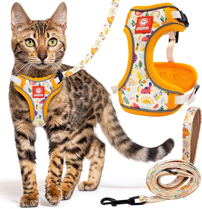 Cat Harness and Leash Set for Walking, Escape Proof Vest Harnesses for Cats, Breathable Mesh with Reflective Strips - (Modern Cat), Small