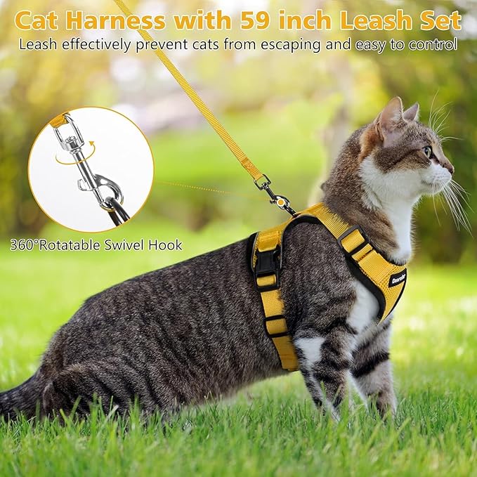 Dooradar Cat Harness and Leash Set, Escape Proof Safe Adjustable Kitten Vest Harnesses for Walking, Easy Control Soft Breathable Mesh Jacket with Reflective Strips for Cats, Yellow, XXS