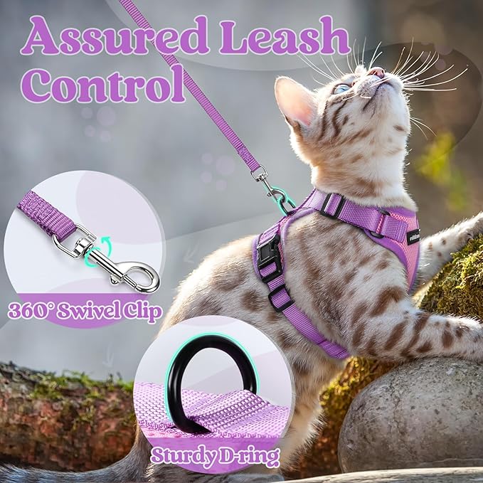 rabbitgoo Cat Harness and Leash Set, Escape Proof Soft Adjustable Vest Harnesses for Outdoor Walking, Easy Control Breathable Kitten Jacket with Reflective Strips, Pink & Purple, M