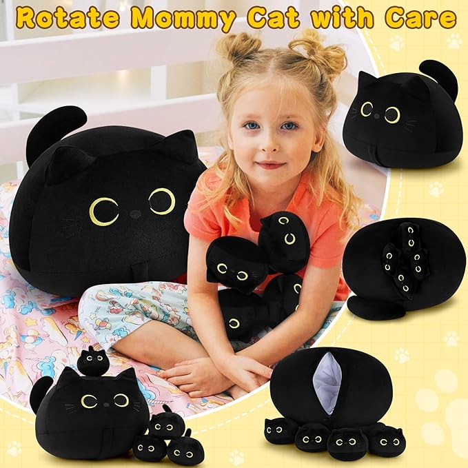 Auspicious beginning 19'' Black Cat Plush 5PCS Cat Family PlushToys,Cute Black Cat Mommy Cat with 4 Baby Kittens Cat Plushies for Kids, Kawaii Birthday Gifts for Kids Boys Girls