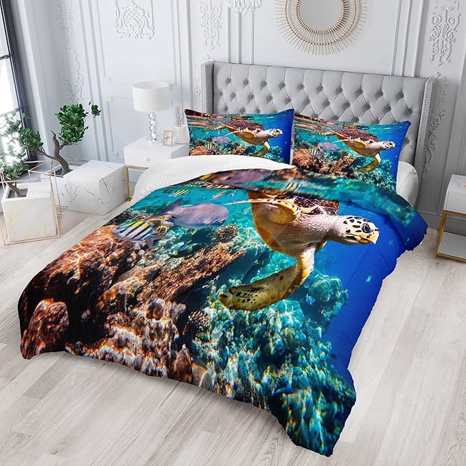 AILONEN Sea Turtle Comforter Set, Sea Turtle Bedding Set for Teens Boys and Girls,Twin Size Bed-in-a-Bag Ocean Turtle Themed Duvet(1 Comforter 2 Pillowcases 3 Piece) Full