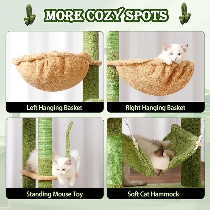 Cactus Cat Tree for Large Cats, 78.7"(200cm) Tall Cat Tower for Indoor Cats Multiple Cats with Large Top Perch, Cat Condo, Cat Hammcok, Cat Scratching Post,Green and Yellow GCT031GY
