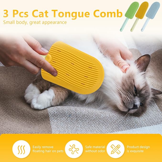3PCS Cat Tongue Comb, 2024 New Cat Grooming Brush, Cats Shedding Brush for Long Haired Cats, Cute Cartoon Ice Cream Cat Fur Remover Comb for Cats Grooming Easily Removes Fur Reducing Hairballs