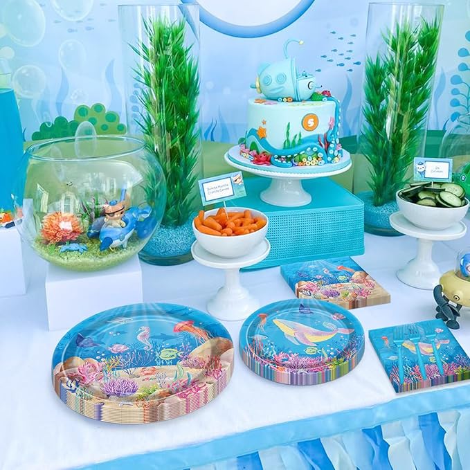 96PCS Under the Sea Party Decorations Ocean Sea Birthday Tableware Underwater World Paper Plates Ocean Animal Plates Napkins Dinnerware for Baby Shower Party Supplies, Serves 24