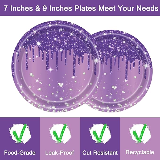 96 Pcs Purple Silver Plates and Napkins Party Supplies, Disposable Forks Paper Dessert Tableware Glitter Decorations Birthday Table Dinnerware Favors Set, Serves 24