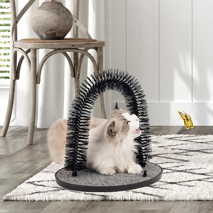 2in1 Cat Arch Self Groomer for Indoor Cats, Back Scratcher Cat Grooming Massage Brush with Sturdy Cat Scratching Pad Durable Brusher Butterfly Toy