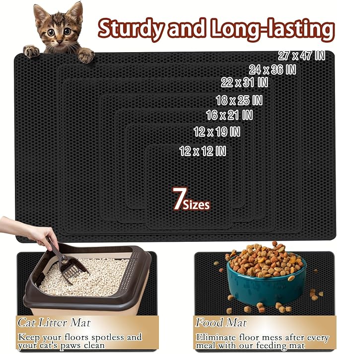 2025 𝗡𝗘𝗪 Waterproof Cat Litter Mat | Double Layer EVA, Odor-Free Large Grid | Urine Proof & Easy Cleanup | Soft on Paws | Versatile Design for Litter and Feeding (Black, 12×12)