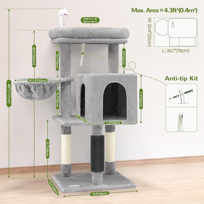 F46B Cat Tower for Indoor Cats | 46-Inch Sturdy Cat Condo for Multiple Adult Cats with Multiple Large Platforms, Hammock, and Anti-Tip Kit | Premium Quality Materials, Light Grey