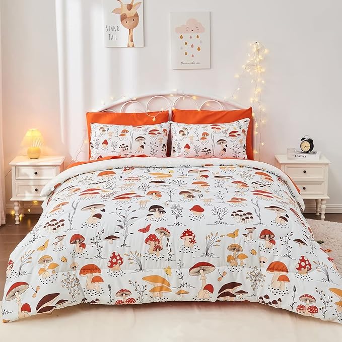 7 Piece Mushroom Comforter Set Full Size,Plant Wild Mushroom Comforter with Sheet Set Bed in A Bag for Kids Boys Girls,Full(1 Comforter, 1 Flat Sheet, 1 Fitted Sheet, 4 Pillowcases)