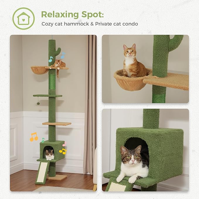 PETEPELA Floor to Ceiling Cat Tree, Cat Tower 5 Tiers Tall (83-108 Inches) Adjustable Height, Cat Climbing Tree Featuring with Cat Condo, Cat Scratching Post and Cat Perches for Indoor Cats, Green