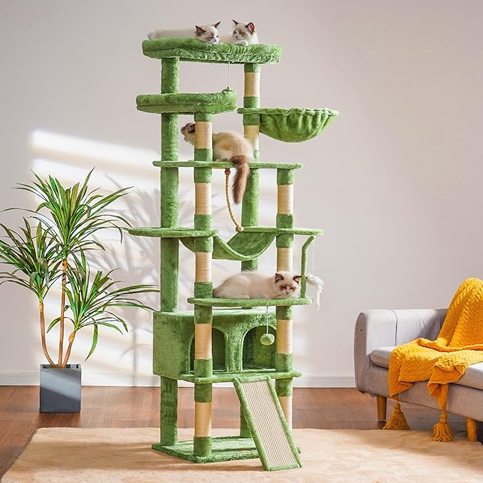 Heybly Tall Cat Tree,78 inch Multi-Level Cat Tower for Indoor Cats,2 Widened Plush Perches Cat Condo with Scratching Board and Big Caves,Green HCT033GR