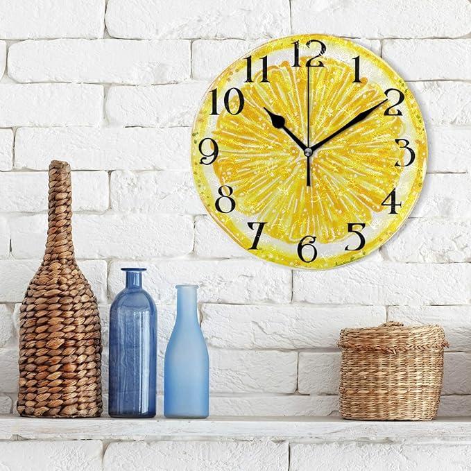 ALAZA Lemon Wall Clock for Kitchen - 9.5 in Yellow Non-Ticking Round Battery Operated Decorative Clock