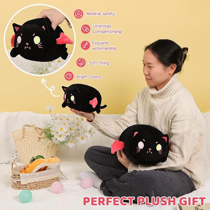 AIXINI Cute Black Cat Plush Pillow 15.7 Black Kitten Stuffed Animal with Luminous Eyes, Fat Soft Kawaii Plushies Hugging Plush Squishy Pillow Toy Gifts for Kids Bedding Sleeping