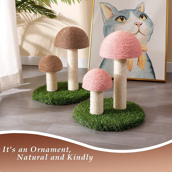 Cat Scratching Post - Mushroom Cat Scratcher Featuring with Natural Sisal Caps Scratch Pole and Sturdy Base for Kittens & Small Cats - Brown