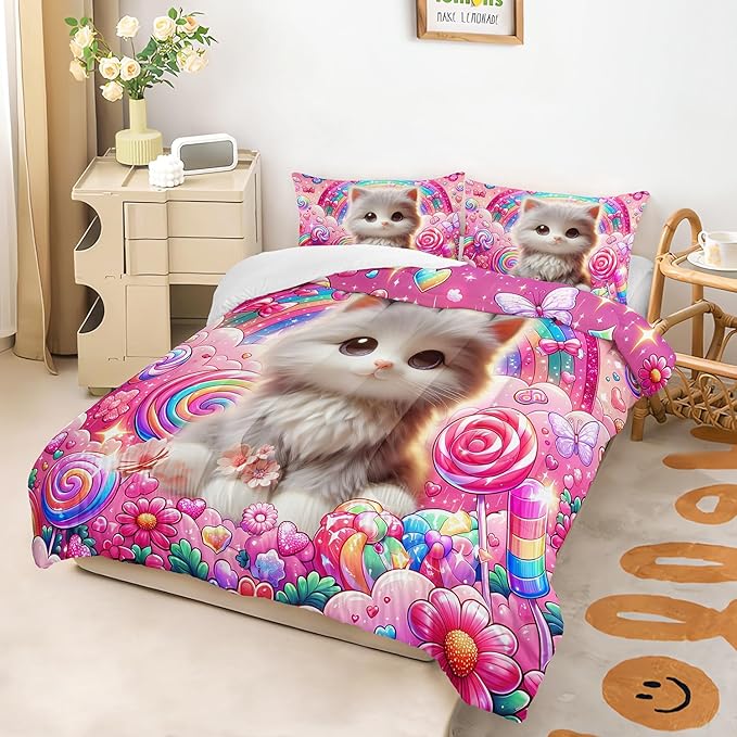 AILONEN Cute Cat Kitten Kids Comforter Set Twin Size,Rainbow Bedding Set,Fairy Butterfly Cartoon Pink Comforter with 2 Pillowcases,Teen Girls Kawaii Comforter Set 3 Pieces