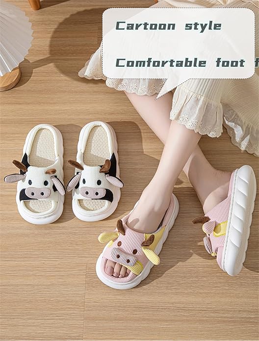 AZCHEN Women's Animal Cartoon Pig Slippers - Cute and Comfortable Linen Plush Slippers for Home