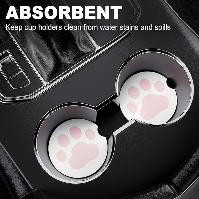 2 Pack Car Cup Holder Coaster, 2.63 inch Anti Slip Insert Absorbent Ceramic Car Coaster with Cork Base and Finger Notch, Cute Car Accessories Interior for Women, Cute Car Coasters., CH0025