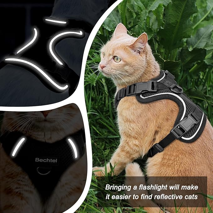 Cat Harness, Cat Harness and Leash for Walking, Adjusted in Four Directions and Breathable Cat Harness for Anti Escape That can be Fitted and Positioned, Reflective Strips Harness, Black, S