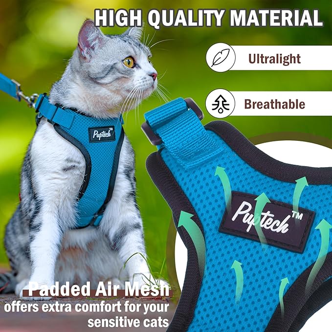 PUPTECK Cat Harness and Leash Set Escape Proof for Walking, Breathable Mash Vest Adjustable Harness for Cats Puppy Small Animals, Reflective at Night, Sky Blue Medium