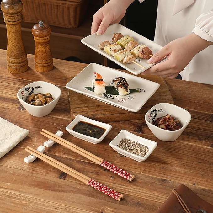8 pcs Japanese Sushi Plate Sets Serving Platters and Trays for Entertaining Sushi Dishes Set Plates Sushi Plates Traditional Cuisine Dinnerware Sets with Chopsticks Dragon