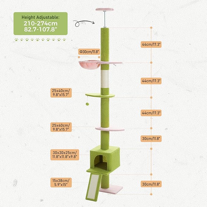 PETEPELA Floor to Ceiling Cat Tree, Cat Tower 5 Tiers Tall (83-108 Inches) Adjustable Height, Cat Climbing Tree Featuring with Cat Condo, Cat Scratching Post and Cat Perches for Indoor Cats, Pink