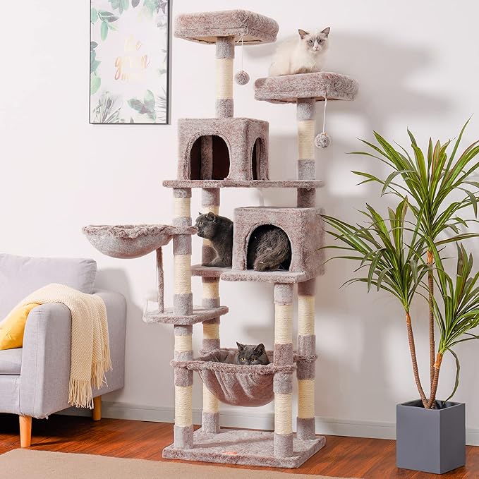 Heybly Cat Tree, 70 inches Tall Cat Tower condo with Toy for Indoor Large Cats, Cat House Furniture with Padded Plush Perch, Cozy Hammock and Sisal Scratching Posts,Muchroom HCT032MU