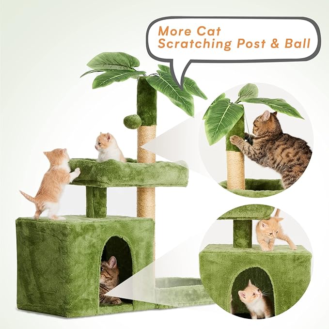 31.5" Cat Tree/Tower for Indoor Cats with Green Leaves, Cat Condo Cozy Plush Cat House with Hang Ball and Leaf Shape Design, Cat Furniture Pet House with Cat Scratching Posts, Green