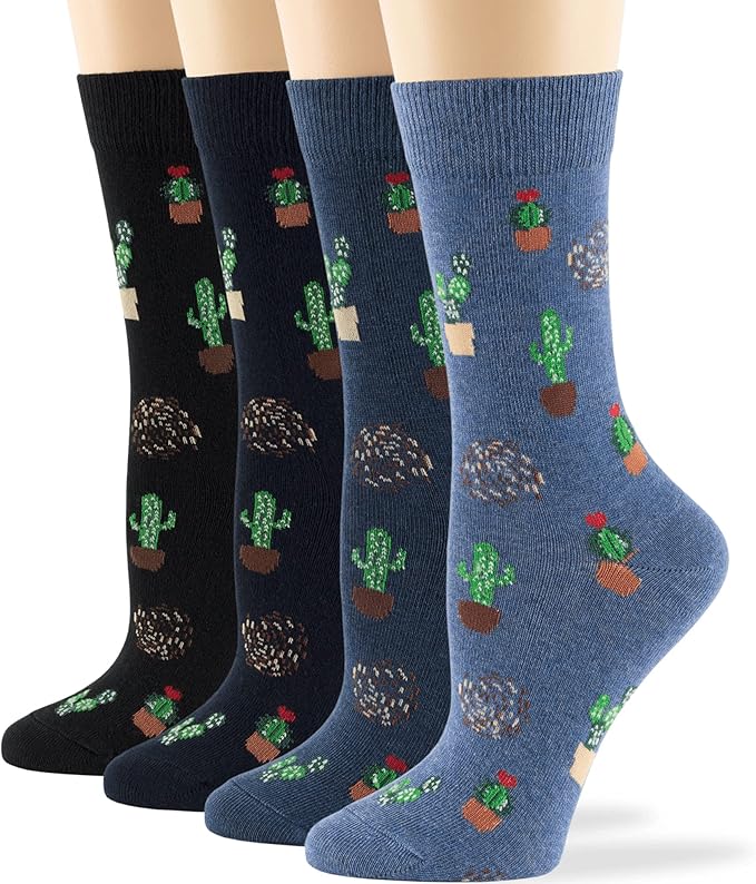 7BIGSTARS KINGDOM Womens Fun Cotton Crew Socks - 4 Pack L/M - Cactus Space Desert Coffee Fox Dog Hedgehog Puppy Flower Bird